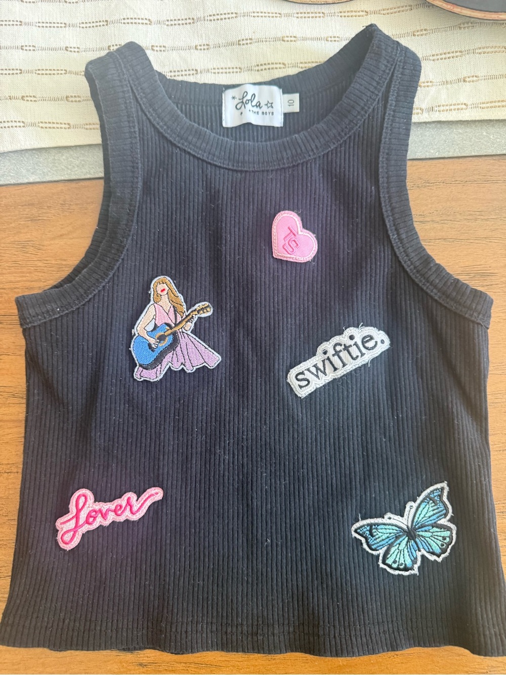 Lola + The Boys Black Ribbed Tank with Music & Butterfly Patches